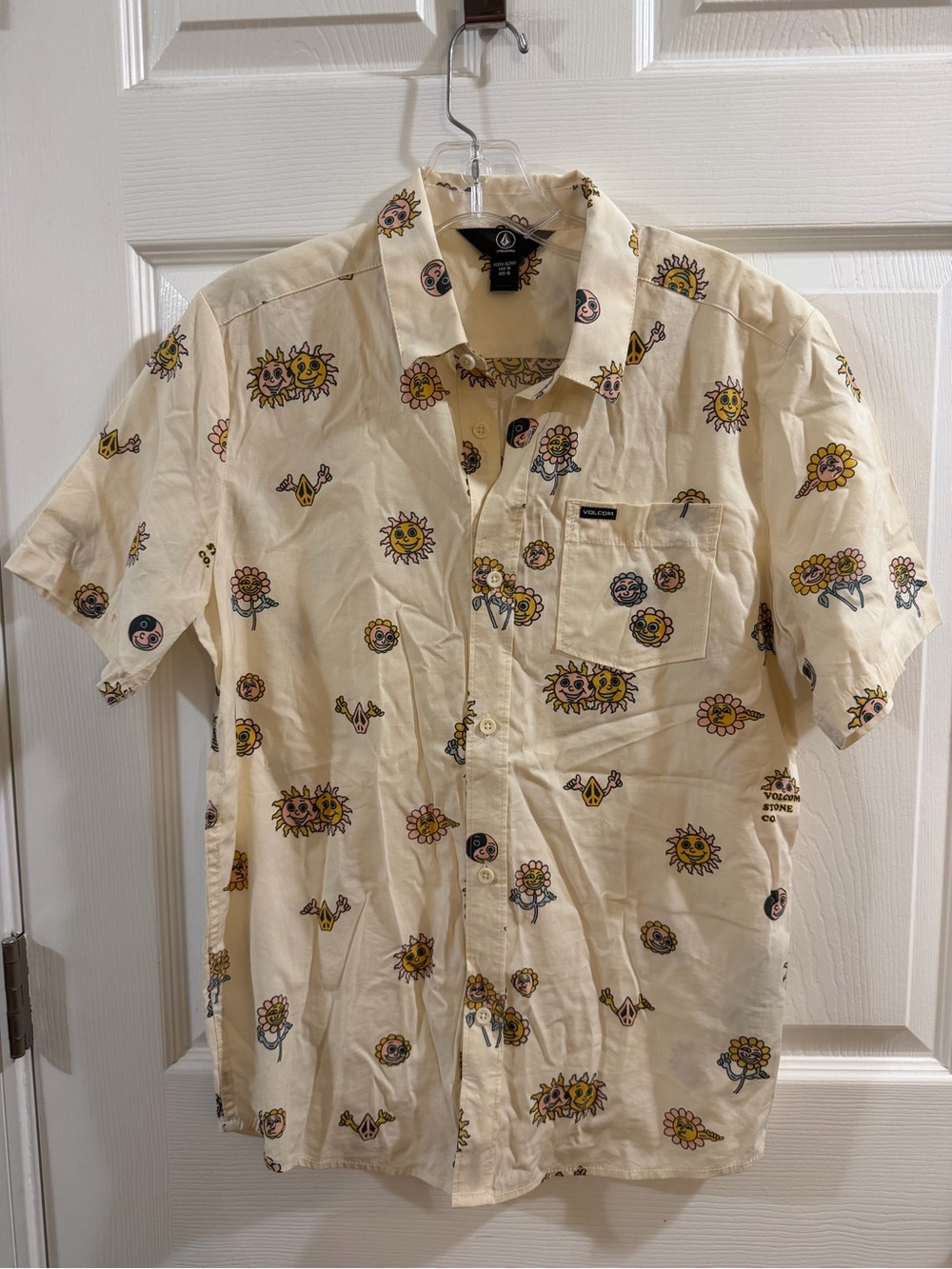 Volcom Cream Short-Sleeve Button-Up Shirt with Yellow Sunflower Print